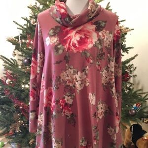 Cowl neck mauve floral tunic sweater